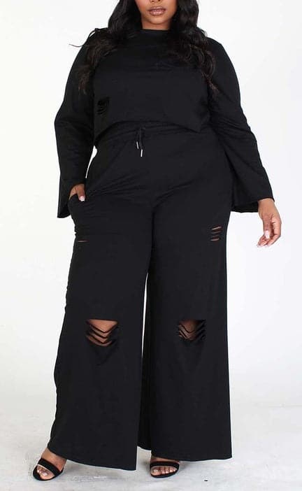 Distressed Hem Crop Top and Pants (Curvy)