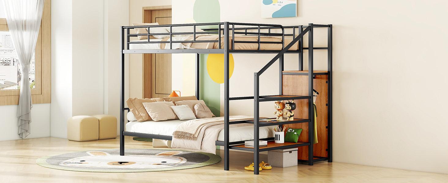 ???? Full Over Full Metal Bunk Bed With Lateral Storage Ladder & Wardrobe, Black