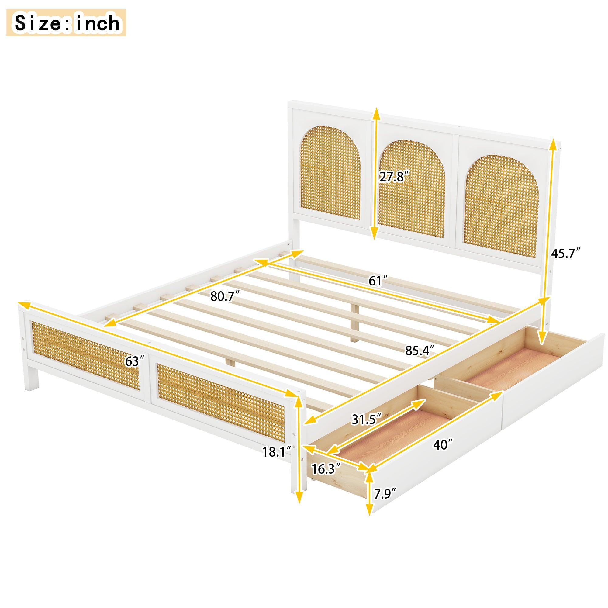 ???? Queen Size Wood Storage Platform Bed with 2 Drawers, Rattan Headboard and Footboard, White