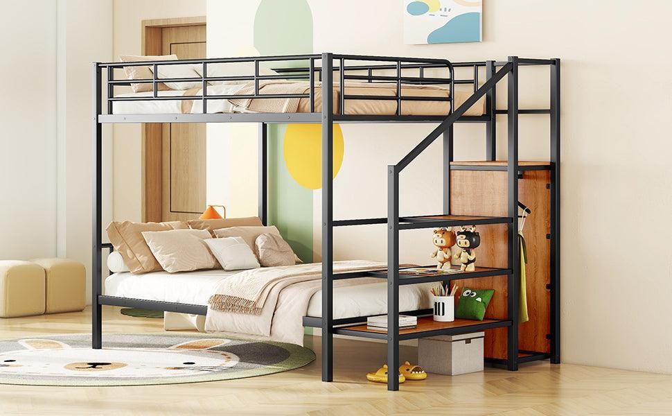 ???? Full Over Full Metal Bunk Bed With Lateral Storage Ladder & Wardrobe, Black