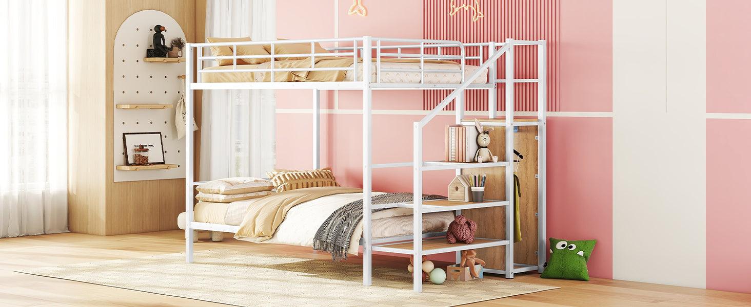 ???? Full Over Full Metal Bunk Bed With Lateral Storage Ladder & Wardrobe, White