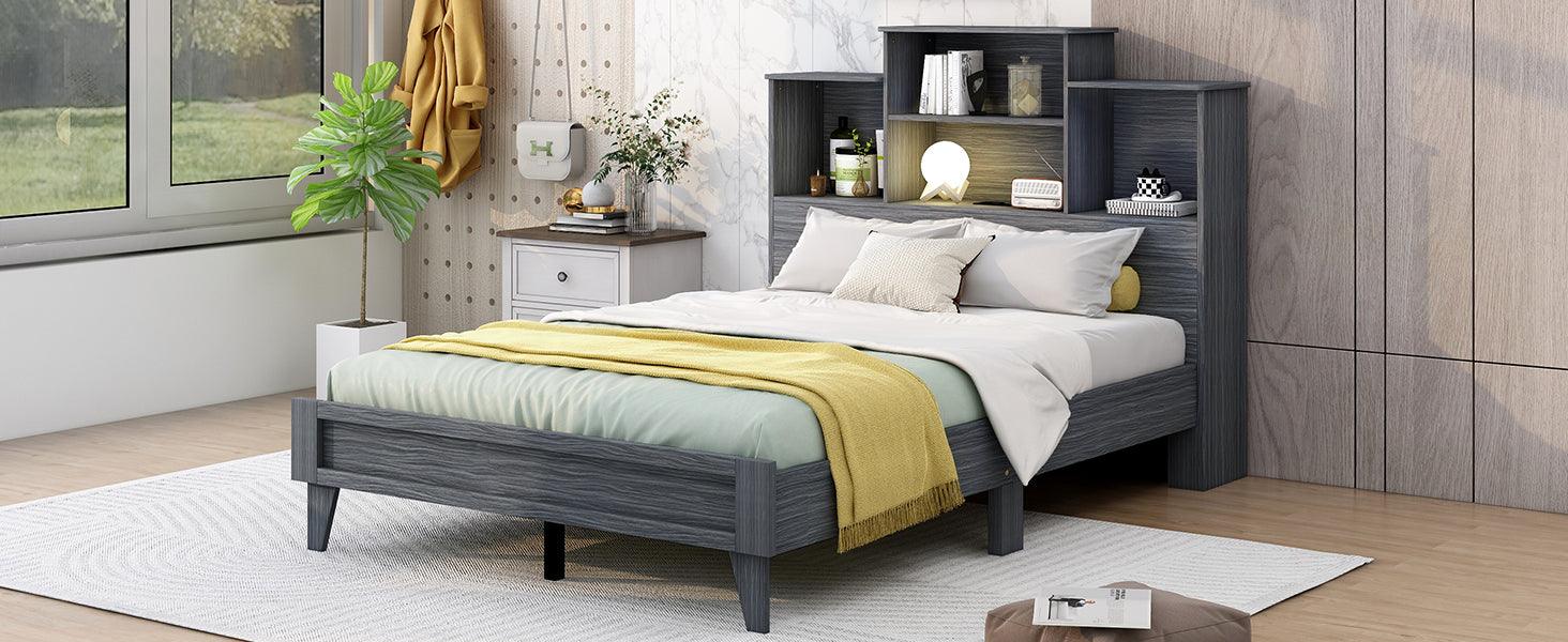 ???? Full Size Storage Platform Bed Frame With 4 Open Storage Shelves and Usb Charging Design, Gray