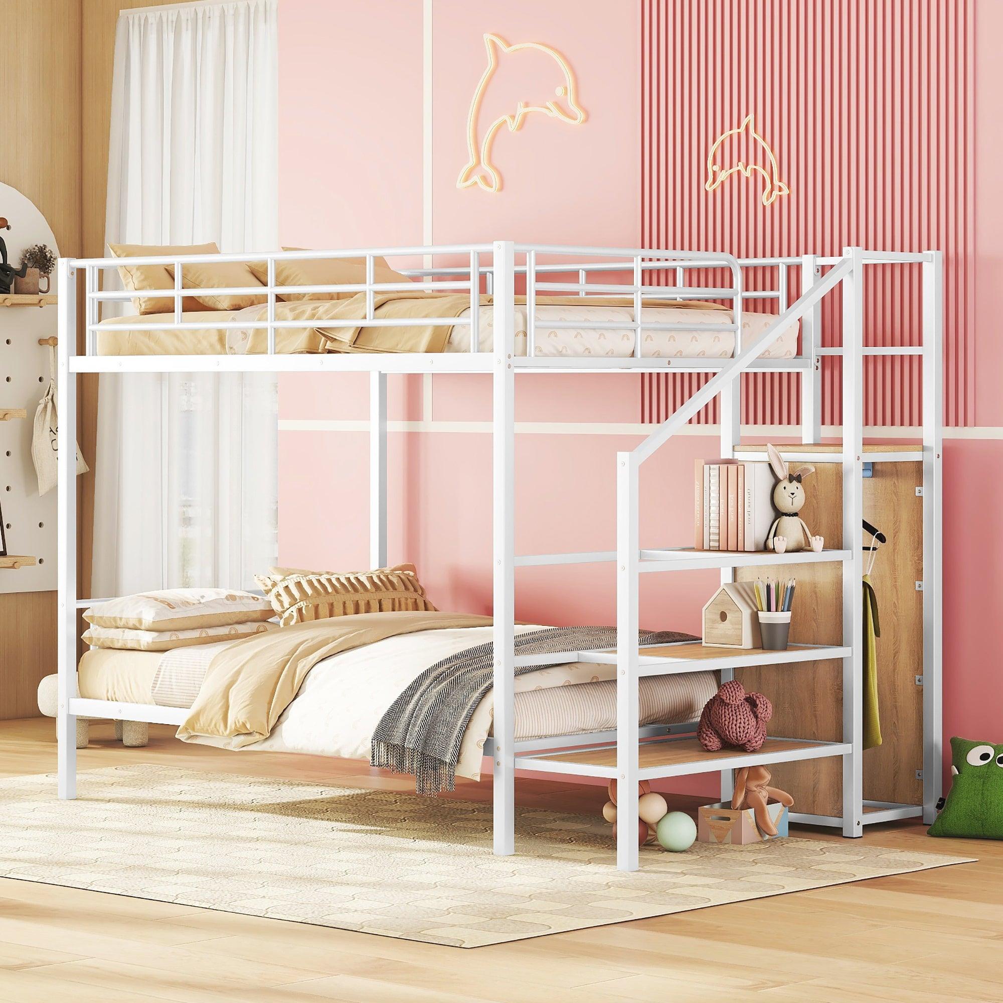 ???? Full Over Full Metal Bunk Bed With Lateral Storage Ladder & Wardrobe, White