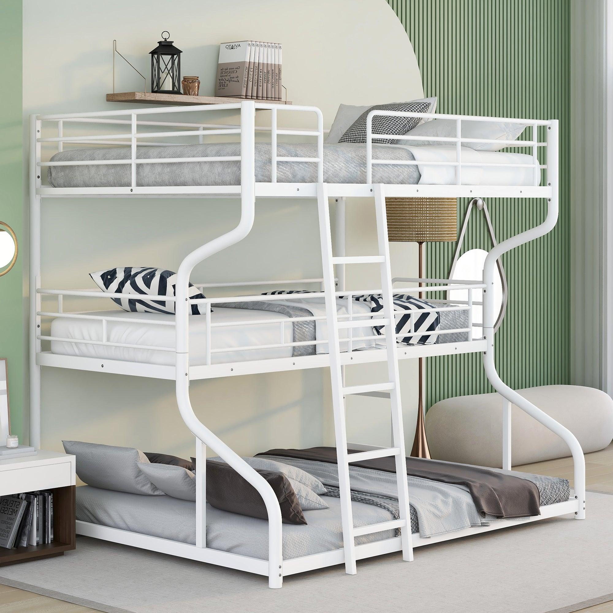 ???? Full Xl Over Twin Xl Over Queen Size Triple Bunk Bed With Long and Short Ladder, White