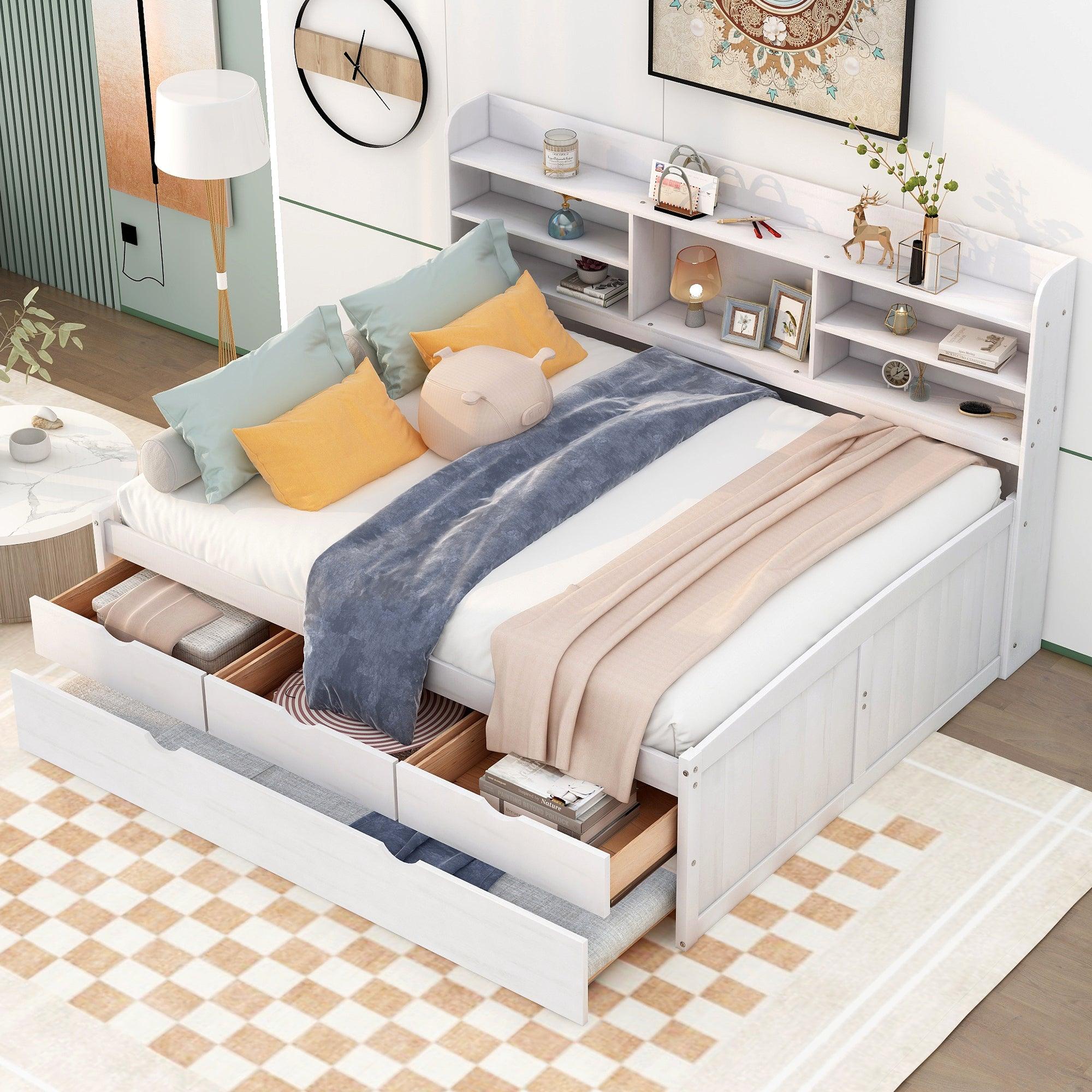 ???? Full Size Wooden Captain Bed With Built-in Bookshelves, Three Storage Drawers and Trundle, White Wash