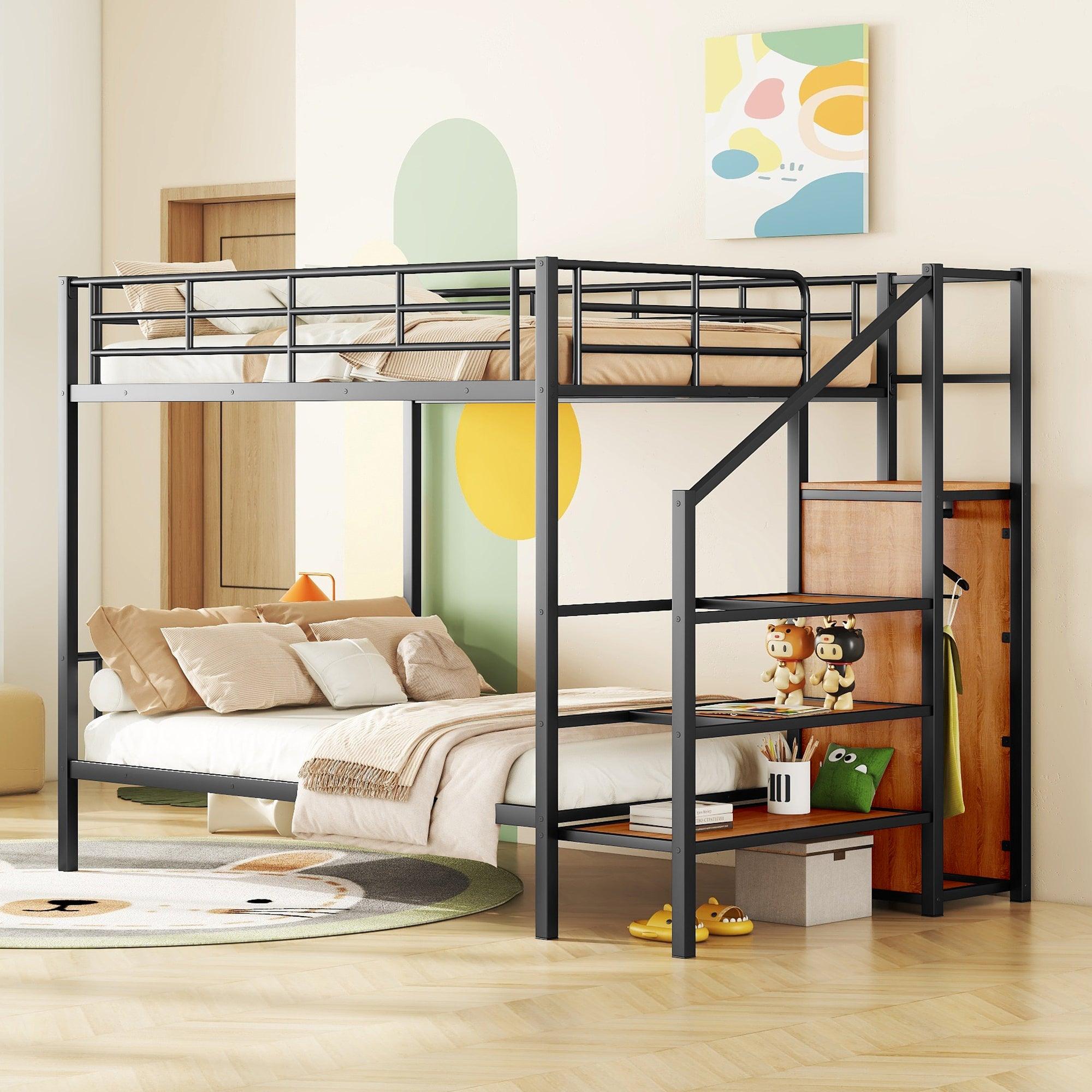 ???? Full Over Full Metal Bunk Bed With Lateral Storage Ladder & Wardrobe, Black