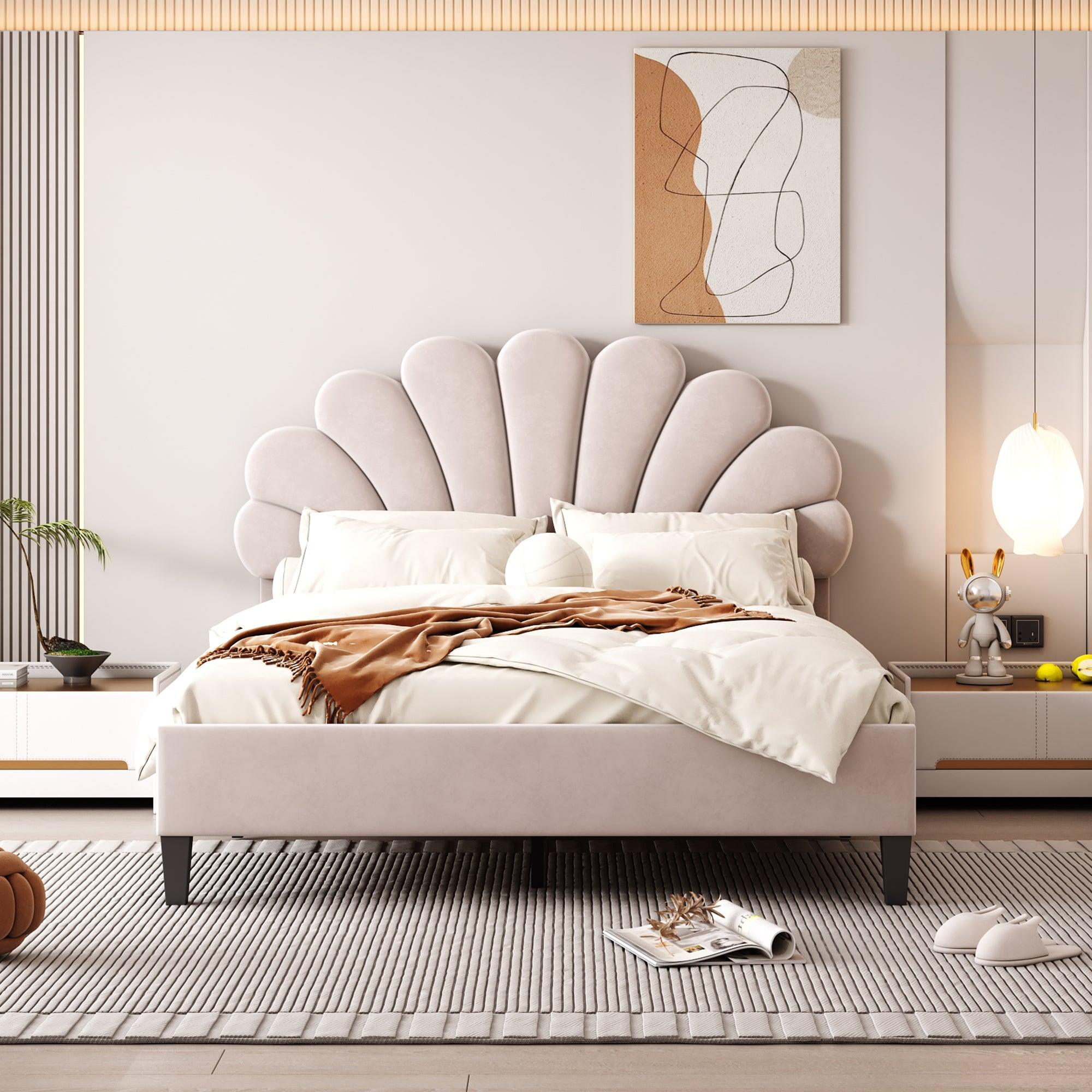 ???? Full Size Upholstered Platform Bed With Flower Pattern Velvet Headboard, Beige