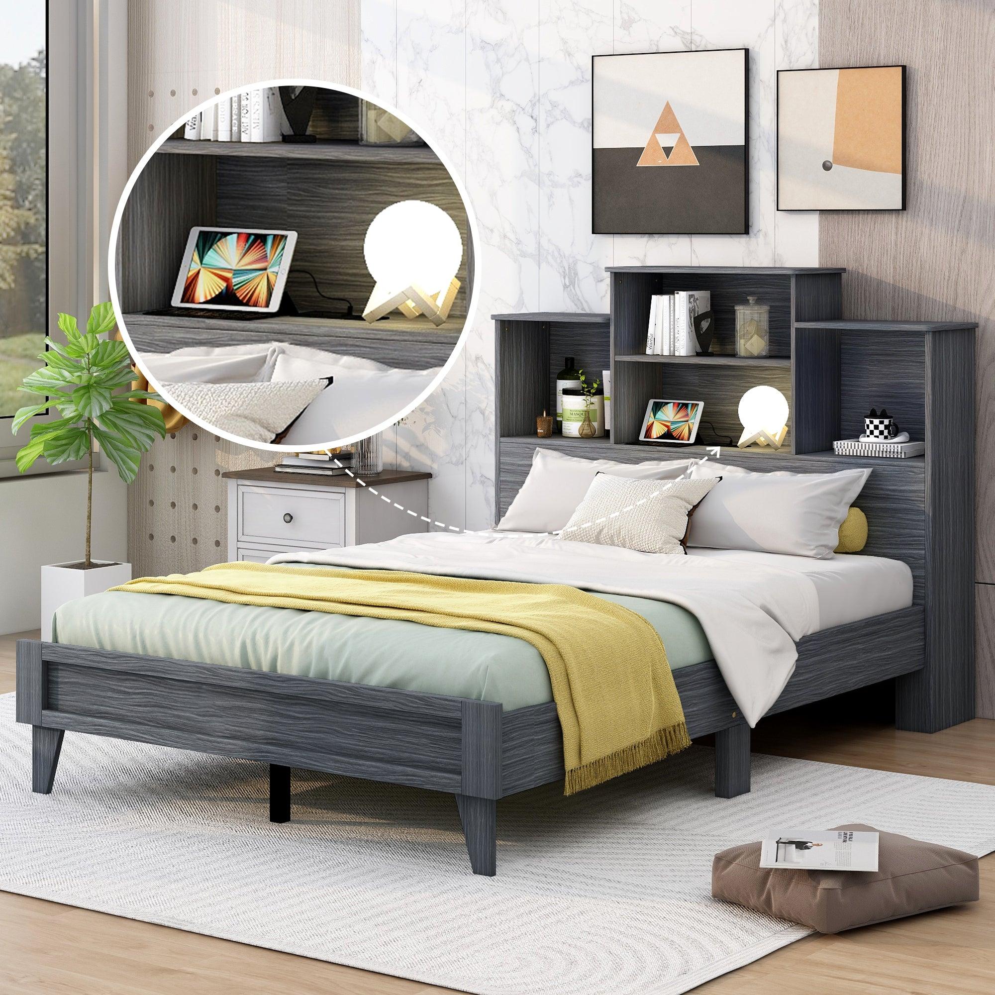 ???? Full Size Storage Platform Bed Frame With 4 Open Storage Shelves and Usb Charging Design, Gray