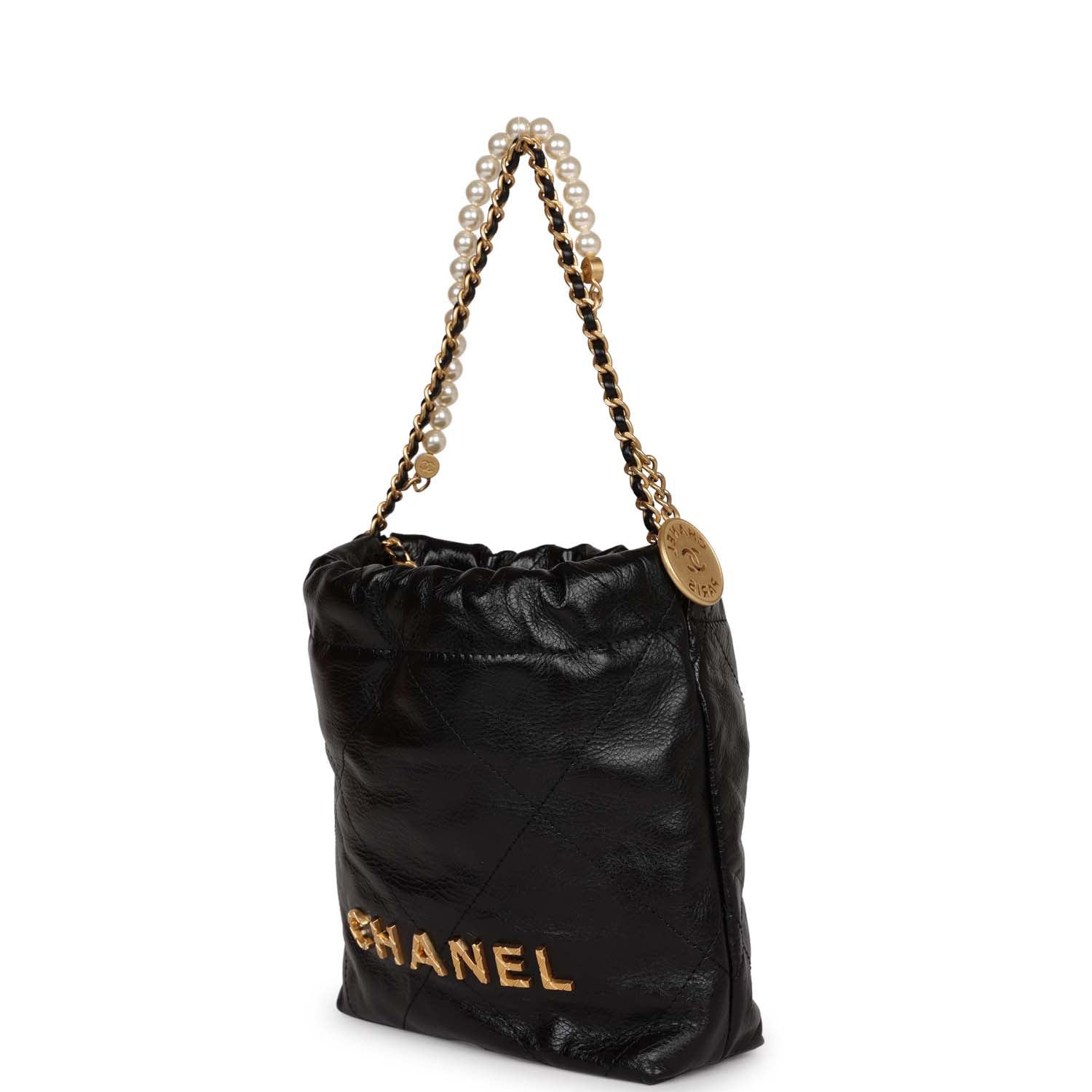 Chanel Mini 22 Bag Black Calfskin and Pearl Antique Gold Hardware