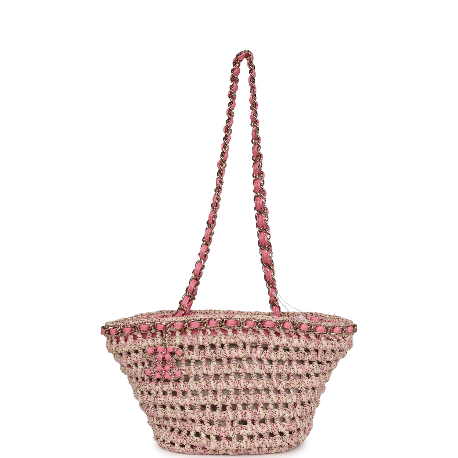 Chanel Small Crochet Shopping Tote Pink and Beige Woven Gold Hardware