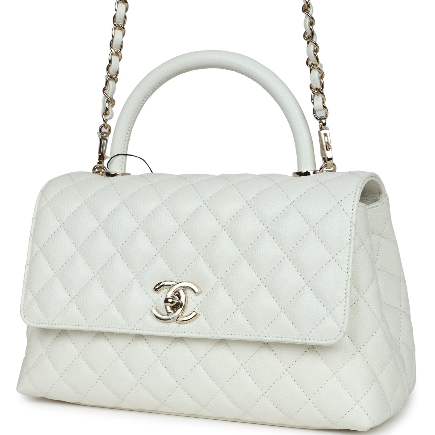 Chanel Medium Coco Handle Flap Bag White Caviar Light Gold Hardware