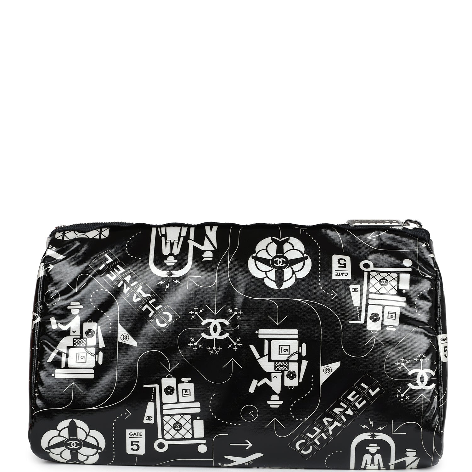 Chanel Small Airline Cosmetic Pouch Black and White Nylon Silver Hardware