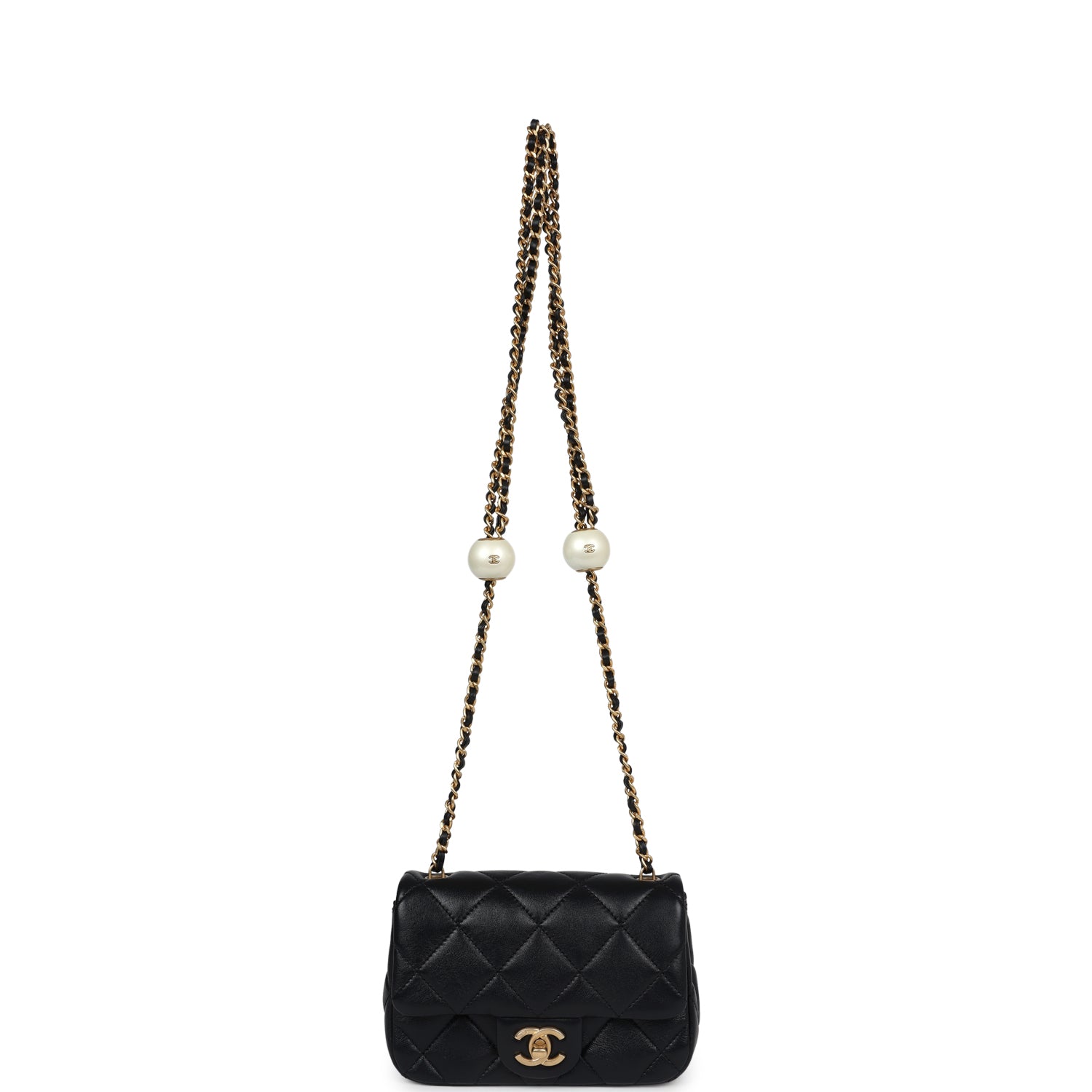 Chanel Mini Square Pearl Flap Bag Black Lambskin Brushed Gold Hardware