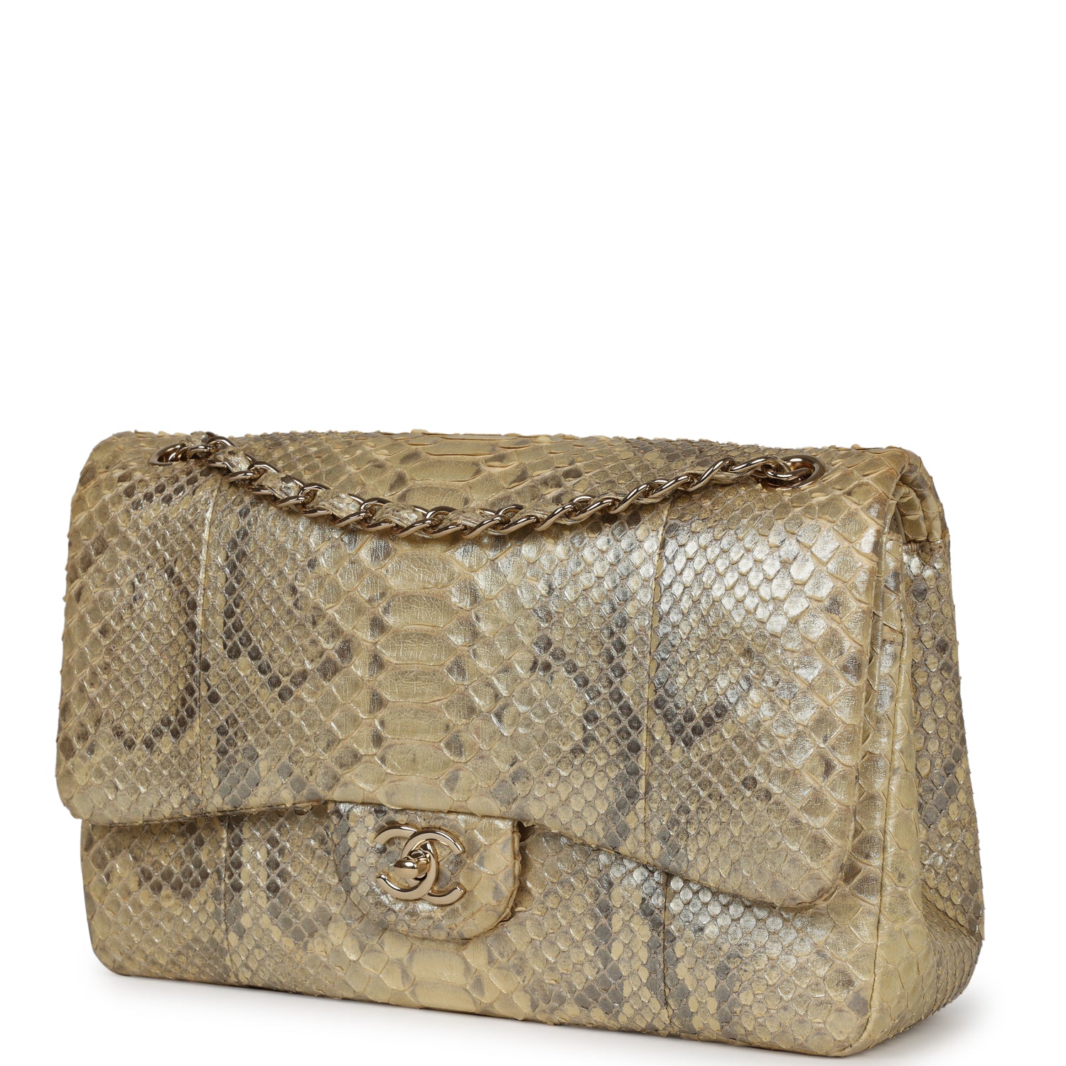 Pre-owned Chanel Jumbo Classic Double Flap Gold Metallic Python Gold Hardware