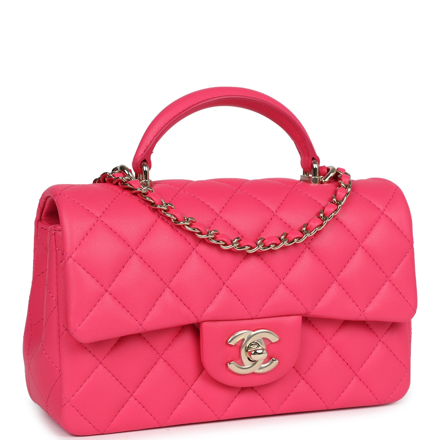 Chanel Mini Rectangular Flap with Top Handle Pink Lambskin Light Gold Hardware