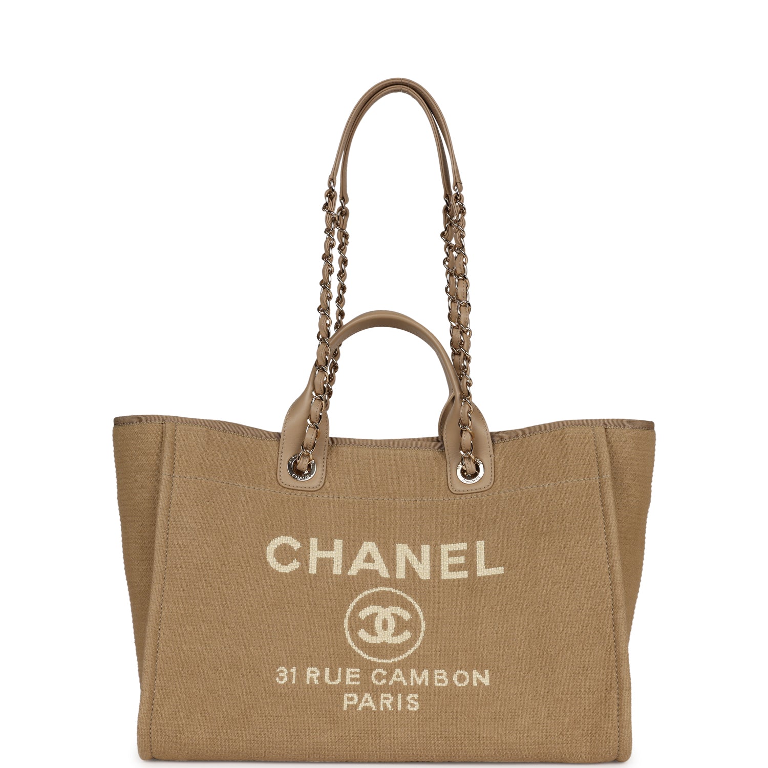 Chanel Large Deauville Shopping Tote Beige Canvas Gold Hardware