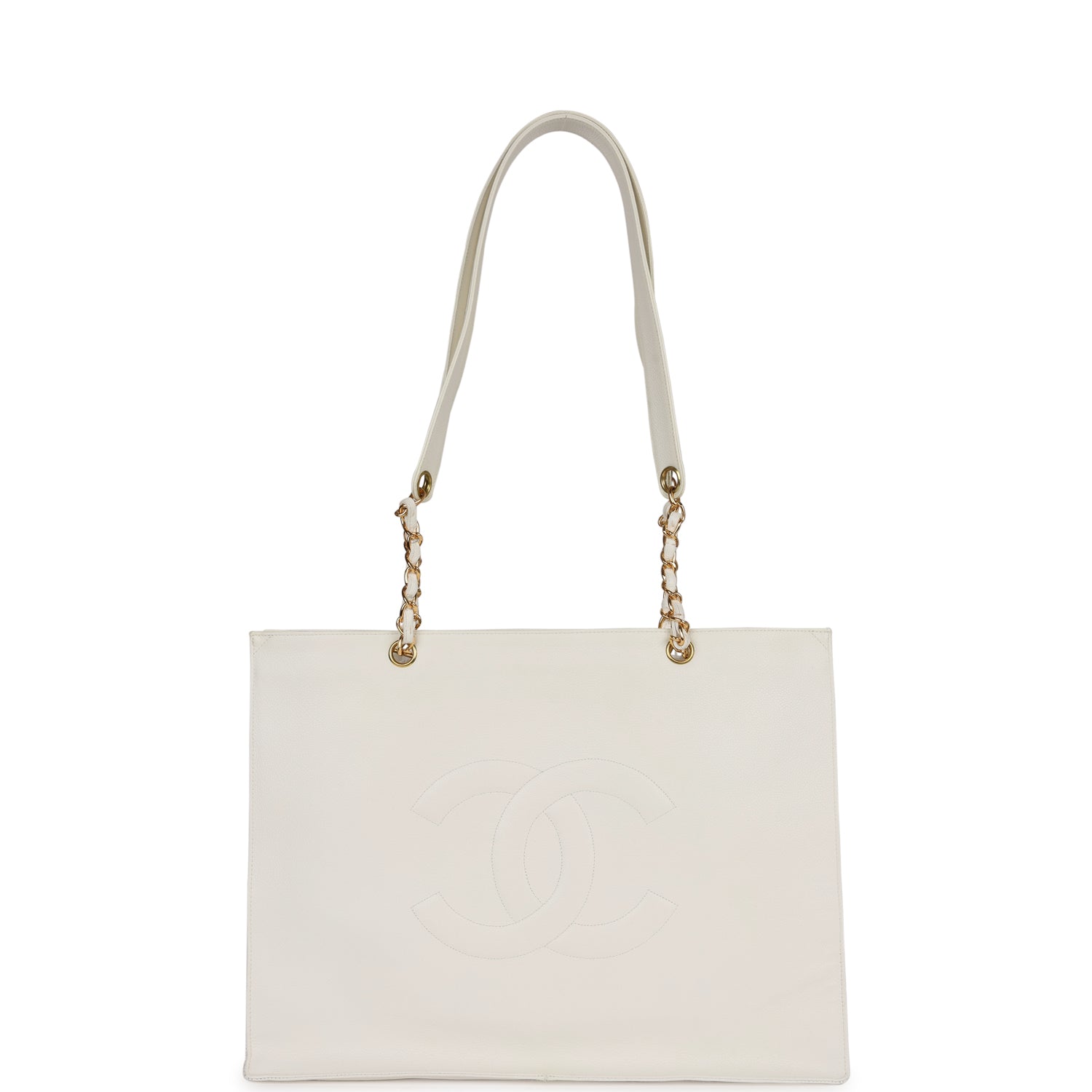 Vintage Chanel CC Chain Shopping Tote Bag White Caviar Gold Hardware