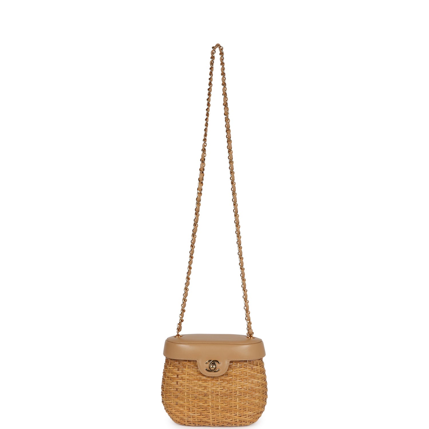 Vintage Chanel Basket Bag Beige Lambskin and Rattan Wicker Gold Hardware