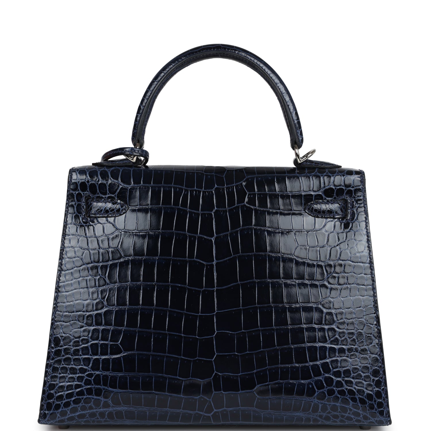 Hermes Kelly Sellier 25 Bleu Marine Shiny Porosus Crocodile Palladium Hardware