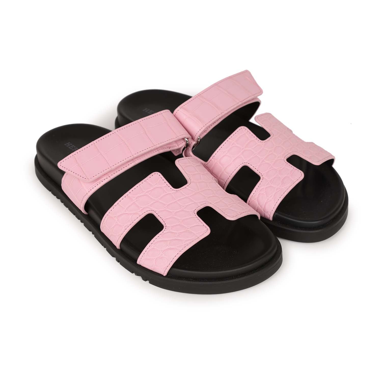 Hermes Chypre Techno Sandals Pink Matte Alligator Palladium Hardware 38 EU