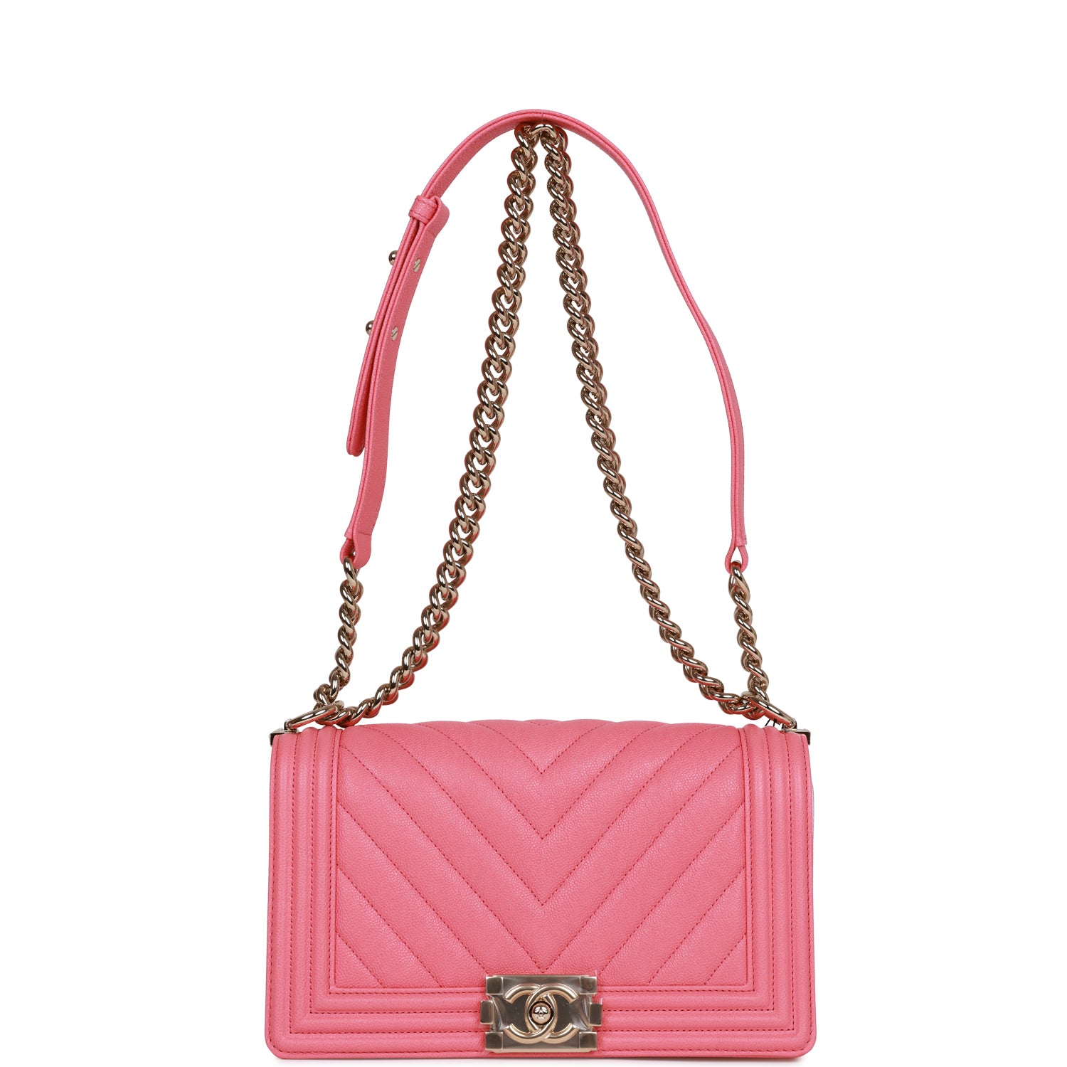 Chanel Medium Boy Bag Pink Chevron Caviar Light Gold Hardware