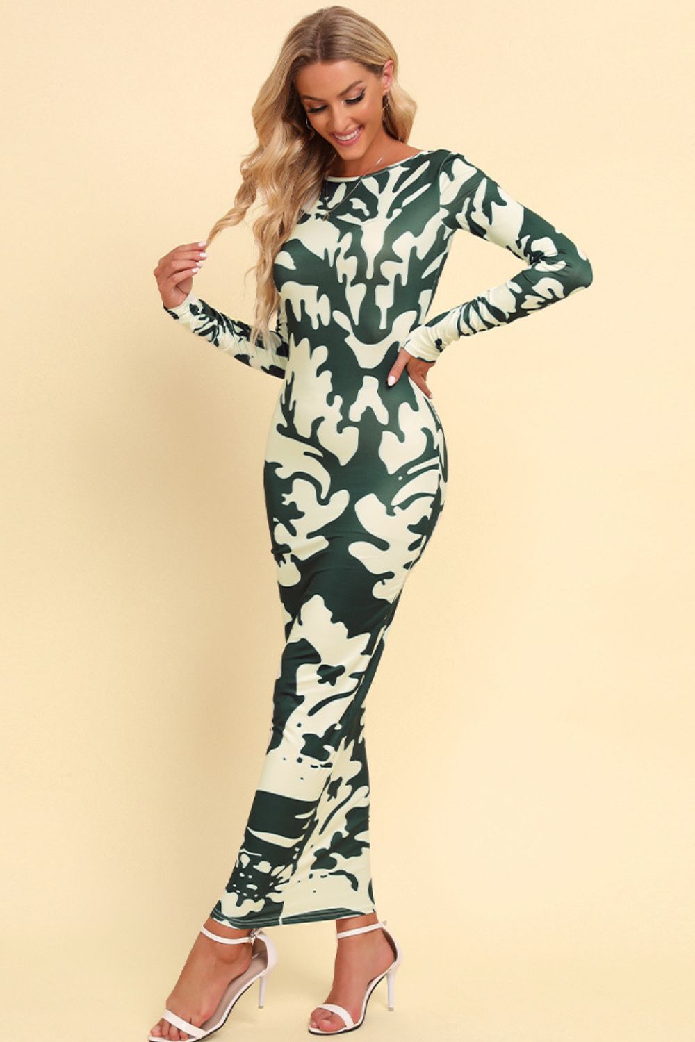 KRE Prime Printed Backless Long Sleeve Maxi Dress