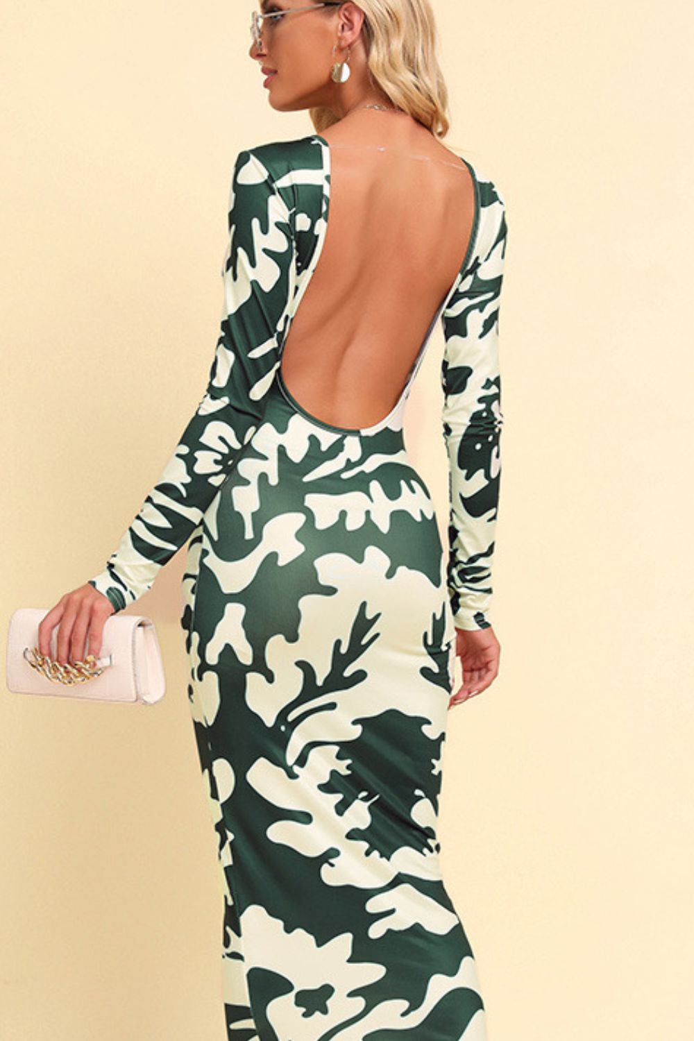 KRE Prime Printed Backless Long Sleeve Maxi Dress