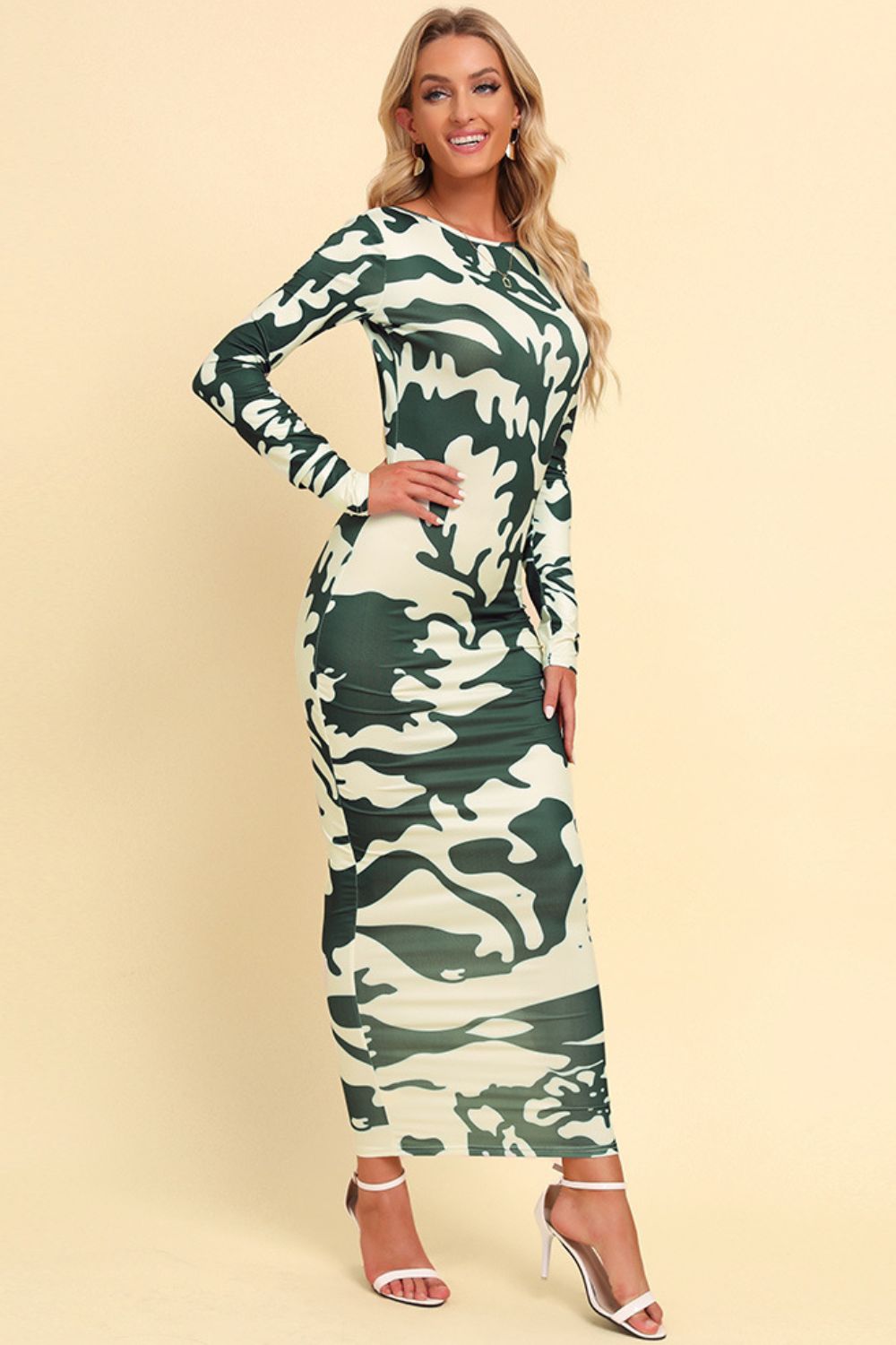 KRE Prime Printed Backless Long Sleeve Maxi Dress