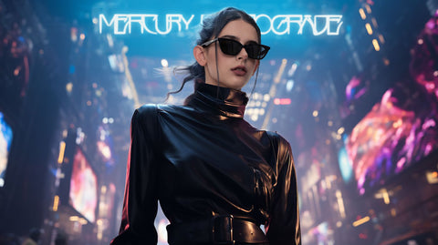 Poster of model in profile wearing Cyberpunk Designer Sunglasses from Burr Puzzle Collection