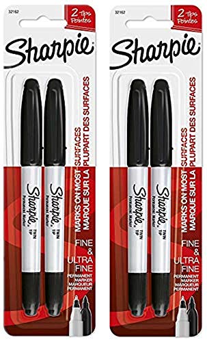Sharpie 32162PP Twin Tip Permanent Markers, Fine and Ultra Fine, 2 Blister Packs with 2 Markers each, 4 Markers Total, Black