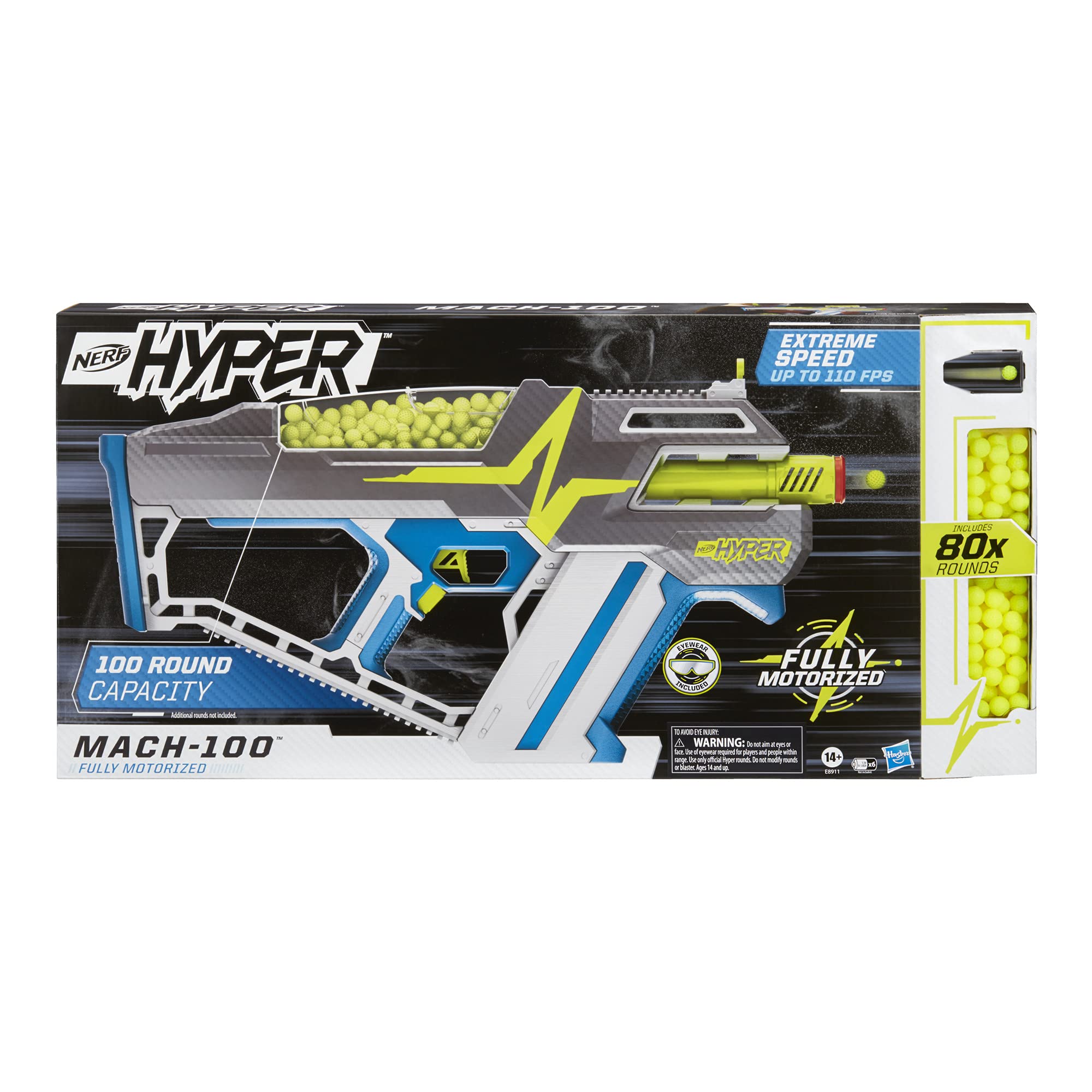 NERF Hyper Mach-100 Fully Motorized Blaster, 80 Hyper Rounds, Eyewear, Up to 110 FPS Velocity, Easy Reload, Holds Up to 100 Rounds