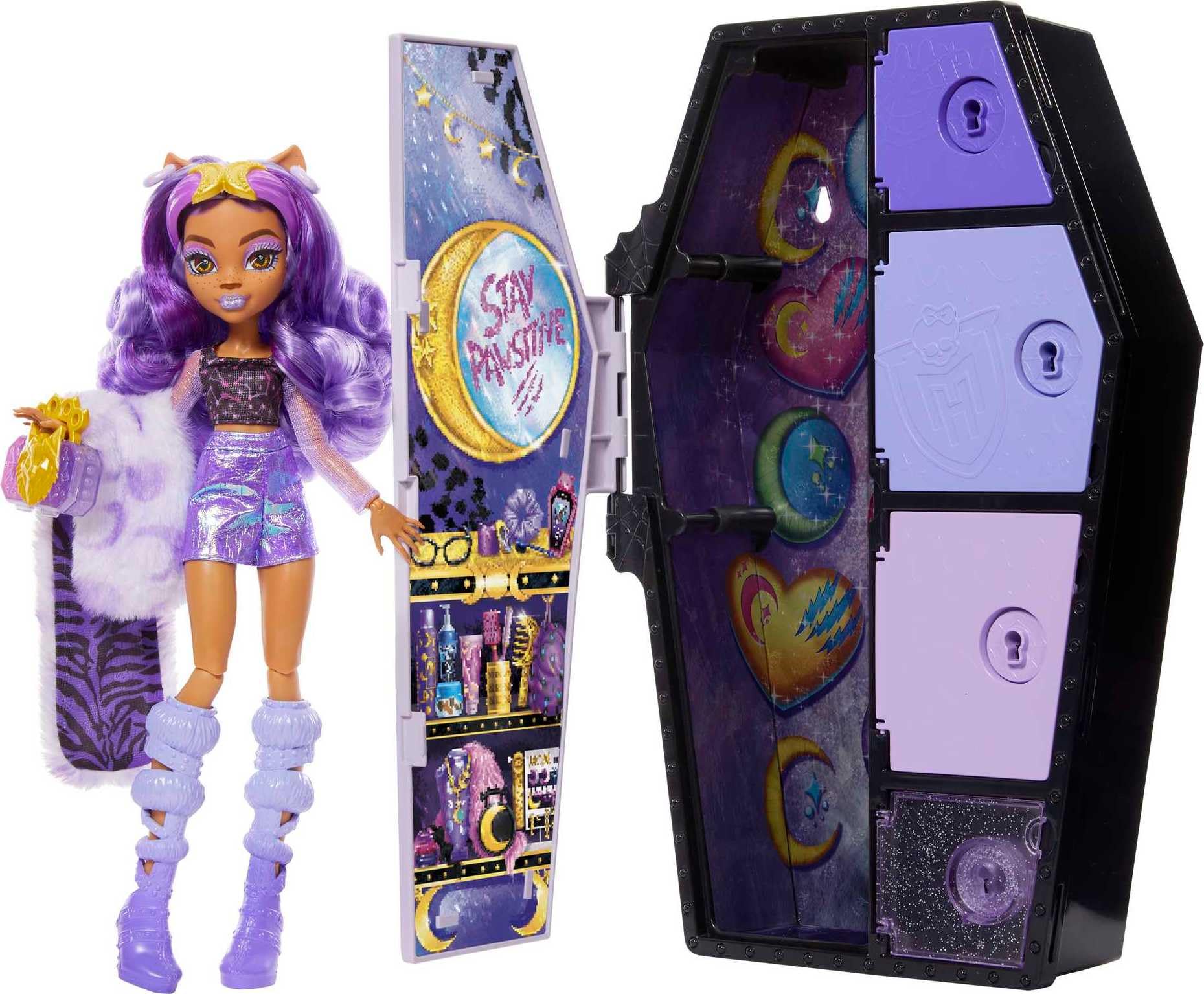 Monster High Doll and Fashion Set, Clawdeen Wolf, Skulltimate Secrets: Fearidescent Series, Dress-Up Locker with 19+ Surprises