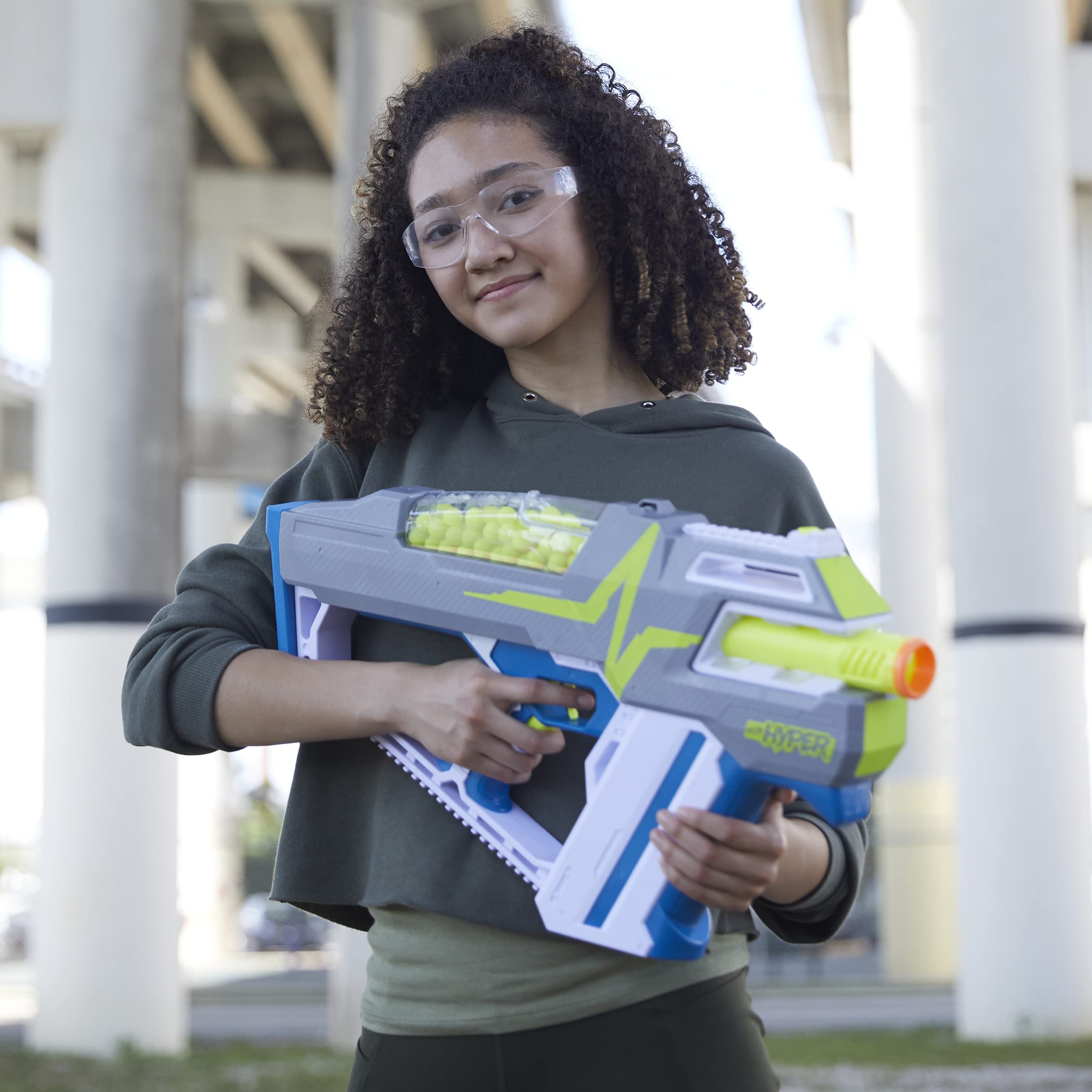 NERF Hyper Mach-100 Fully Motorized Blaster, 80 Hyper Rounds, Eyewear, Up to 110 FPS Velocity, Easy Reload, Holds Up to 100 Rounds