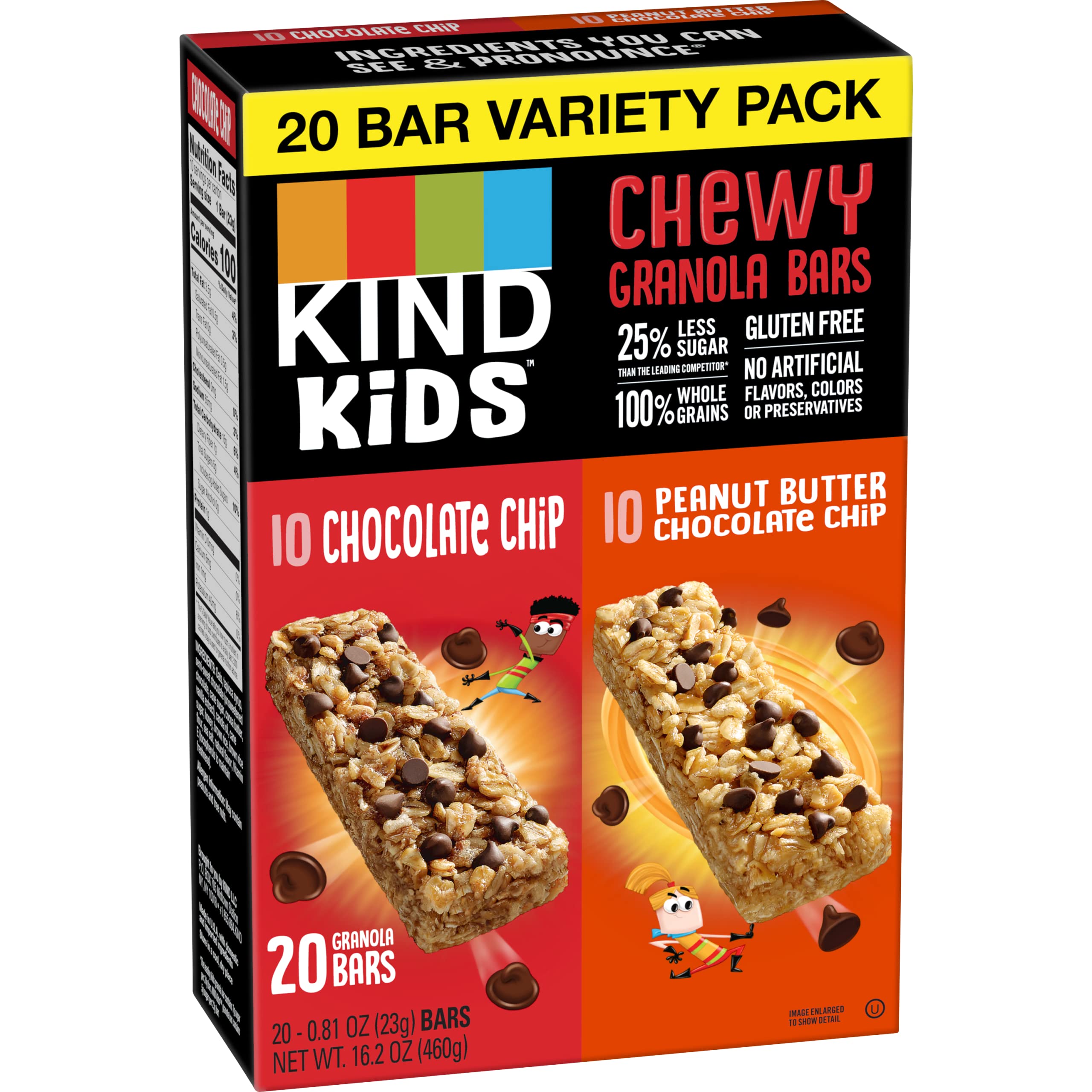 KIND KIDS Chewy Granola Bars, Chocolate Chip and Peanut Butter Chocolate Chip, Variety Pack, 100% Whole Grains, Gluten Free Bars, 0.81 oz (20 Count)