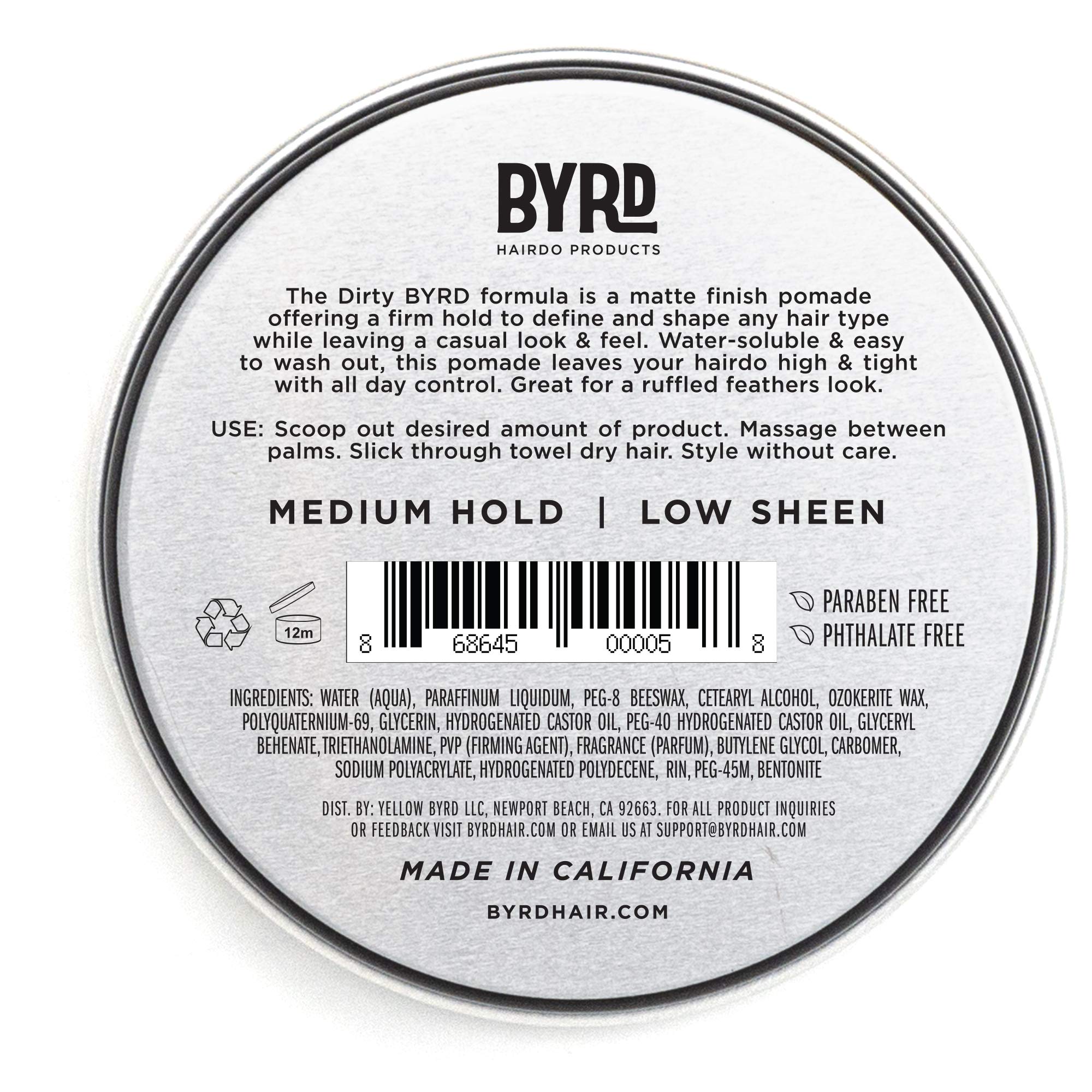 BYRD Hair Matte Pomade - Medium Hold, No Sheen, For All Hair Types, Mineral Oil Free, Paraben Free, Phthalate Free, Sulfate Free, Cruelty Free, Water Based, 3.35oz