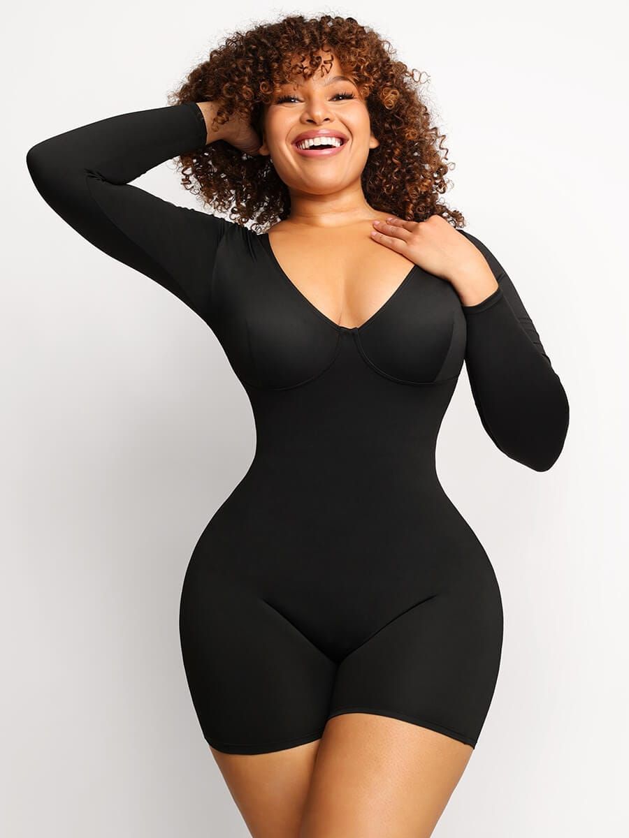 Full Body Shapewear with Deep V-Neckline for Mid-Thigh Tummy Control