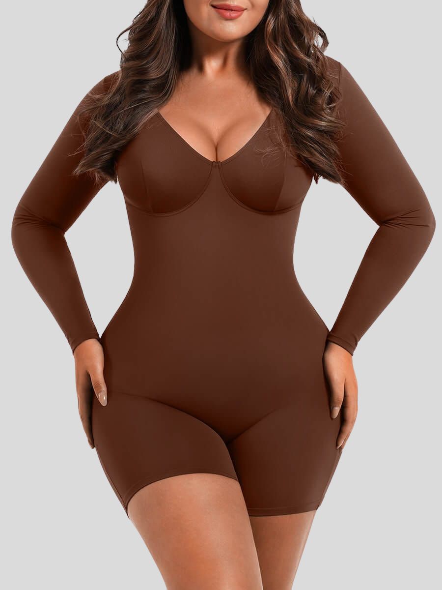 Full Body Shapewear with Deep V-Neckline for Mid-Thigh Tummy Control