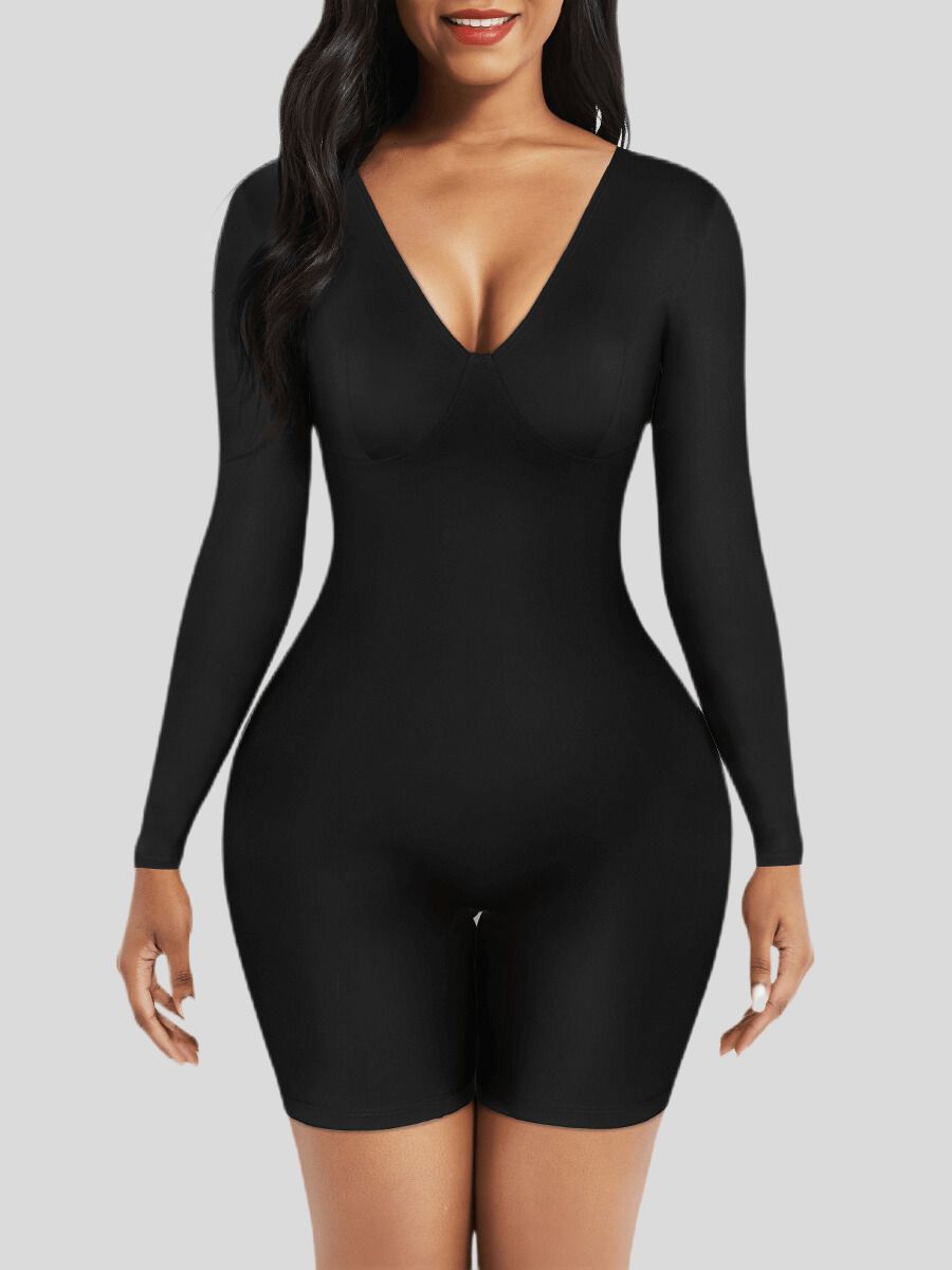 Full Body Shapewear with Deep V-Neckline for Mid-Thigh Tummy Control