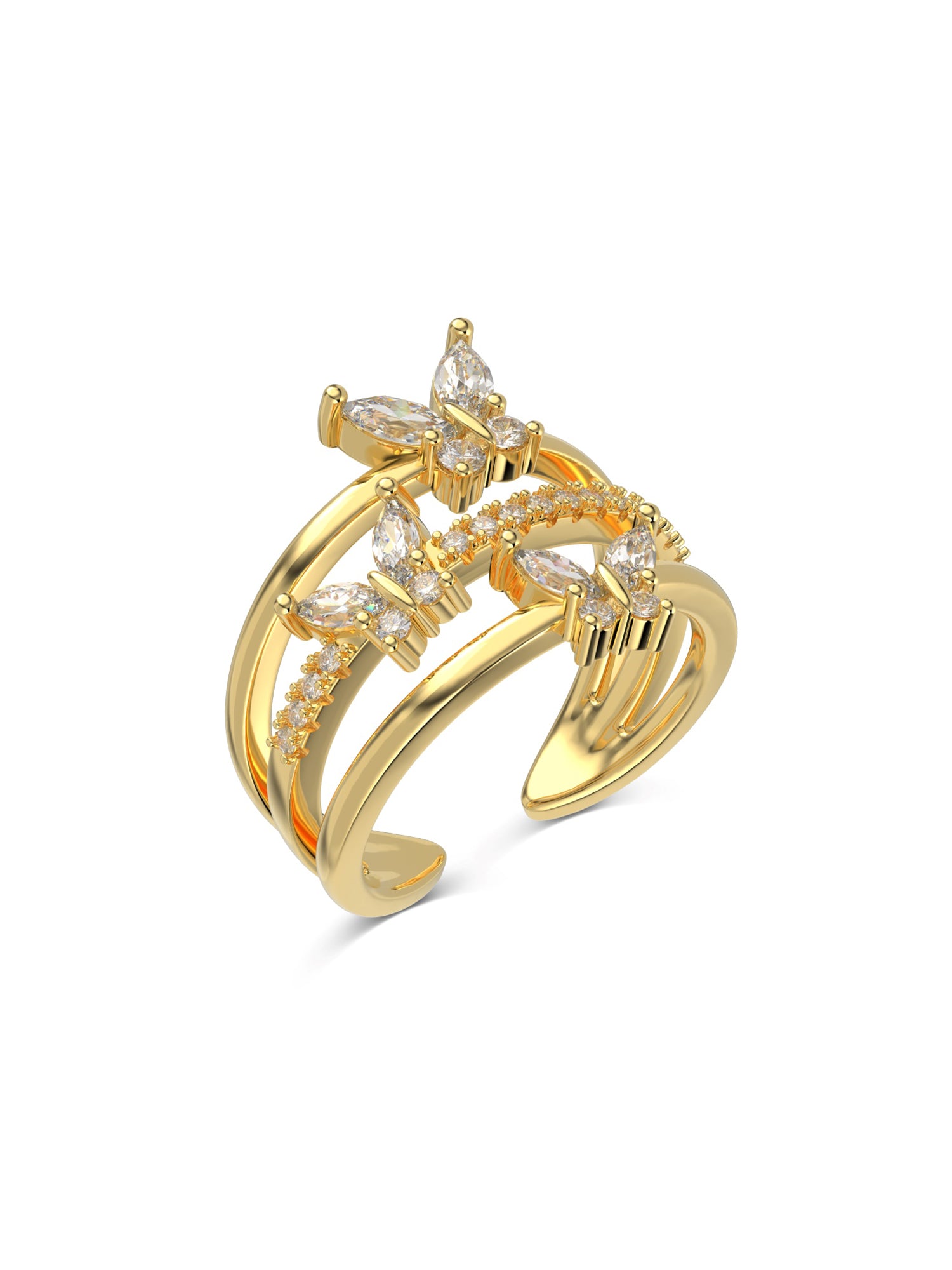 18k Gold Plated Butterfly Adjustable Triple Wrap Open Ring