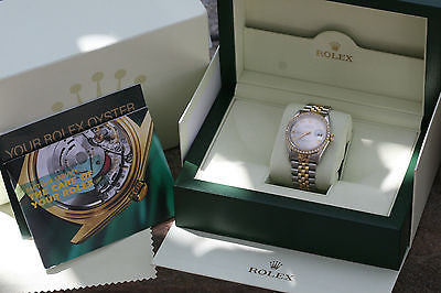 ROLEX MENS DATEJUST 2TONE 18K YELLOW GOLD STEEL WHITE ROMAN 16233 DIAMOND BEZEL