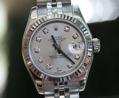 ROLEX LADIES 179174 DATEJUST 26mm 18k WHITE GOLD STEEL SILVER DIAMOND DIAL