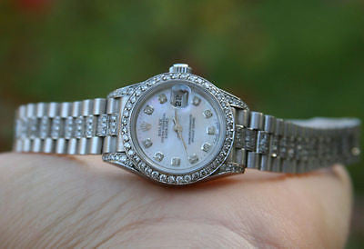 ROLEX LADIES 18K WHITE GOLD PRESIDENT DIAMOND BAND DIAMOND EMERALD BEZEL DIAL