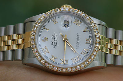 ROLEX MENS DATEJUST 2TONE 18K YELLOW GOLD STEEL WHITE ROMAN 16233 DIAMOND BEZEL