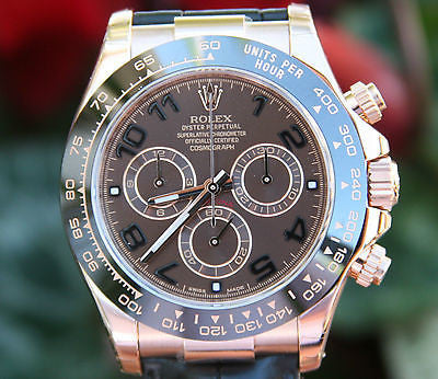 ROLEX MENS DAYTONA 18K ROSE GOLD CHOCOLATE DIAL CERAMIC BEZEL 116515 UNWORN