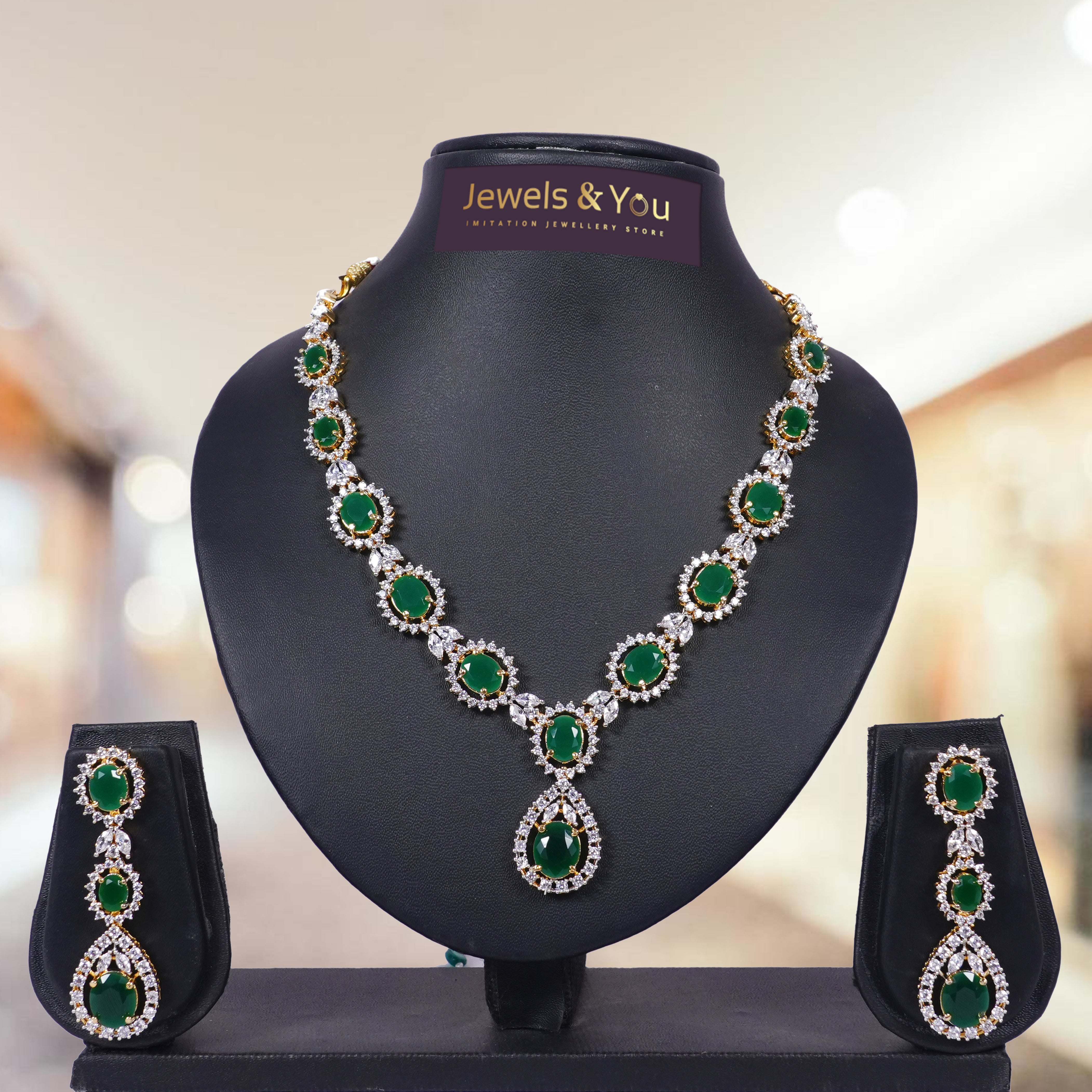 Party Wear Beautiful Imitation Jewellery, Color-CZ with Green Stones-2