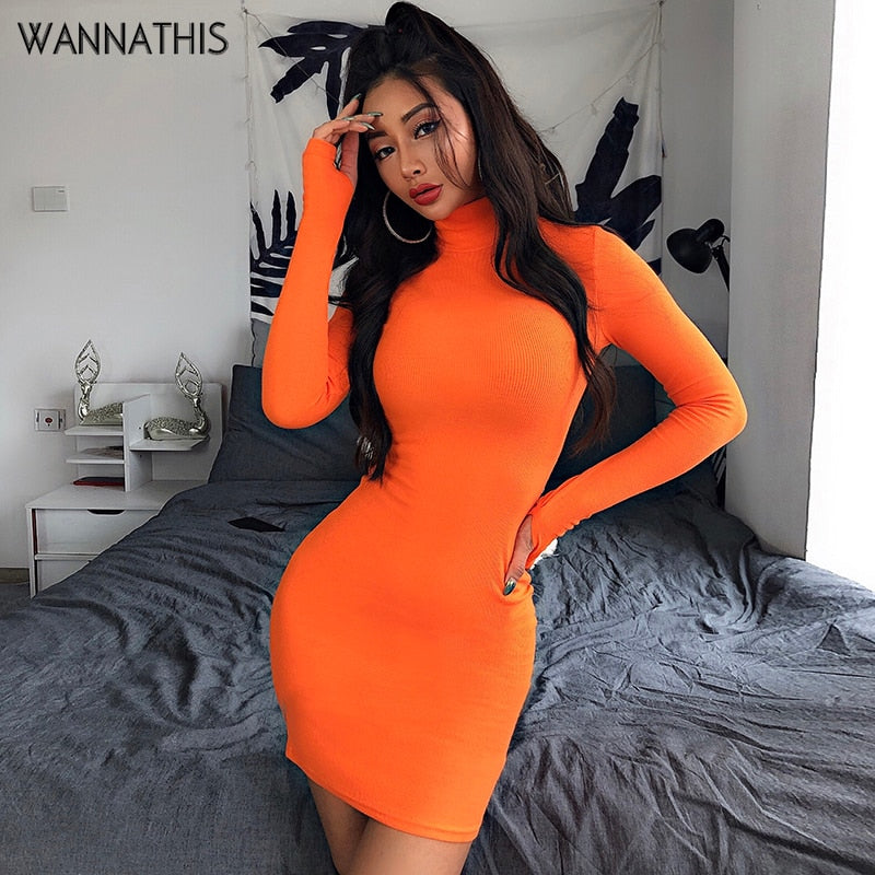 WannaThis Turtleneck Long Sleeve Skinny Mini Dress Women Autumn New  Cotton Solid Elastic Dresses 4 Color Bodycon Casual Orange