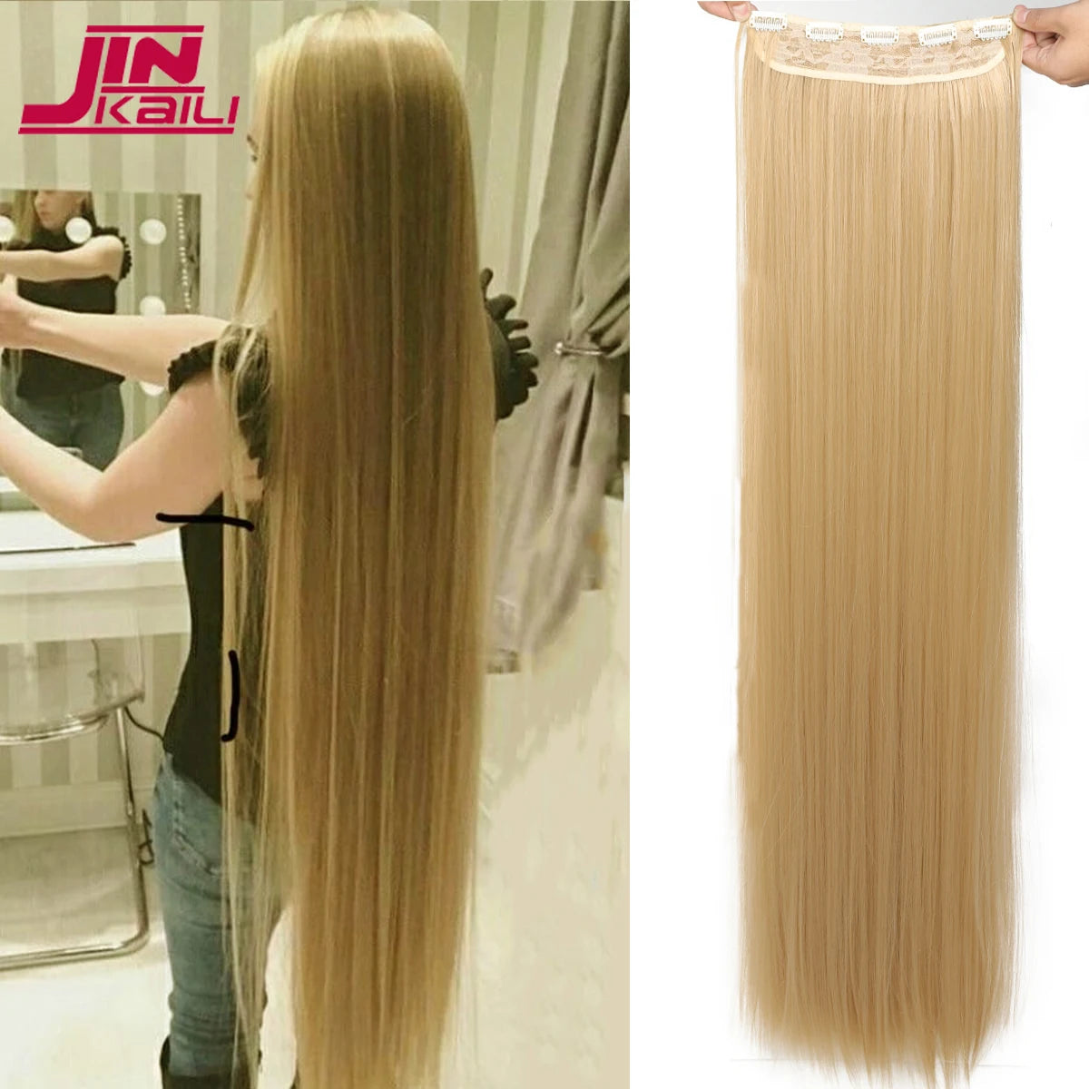JINKAILI Synthetic 20-40 Inch Extra Long Straight Hair Extension 5 Clips Black Blonde Brown Red High temperature Fake Hairpiece