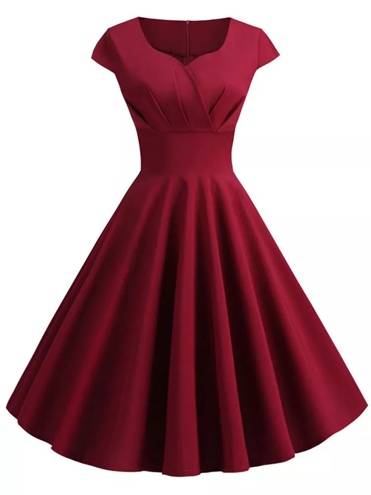 Pink Summer Dress Women V Neck Big Swing Vintage Dress Robe Femme Elegant Retro pin up Party Office Midi Dresses