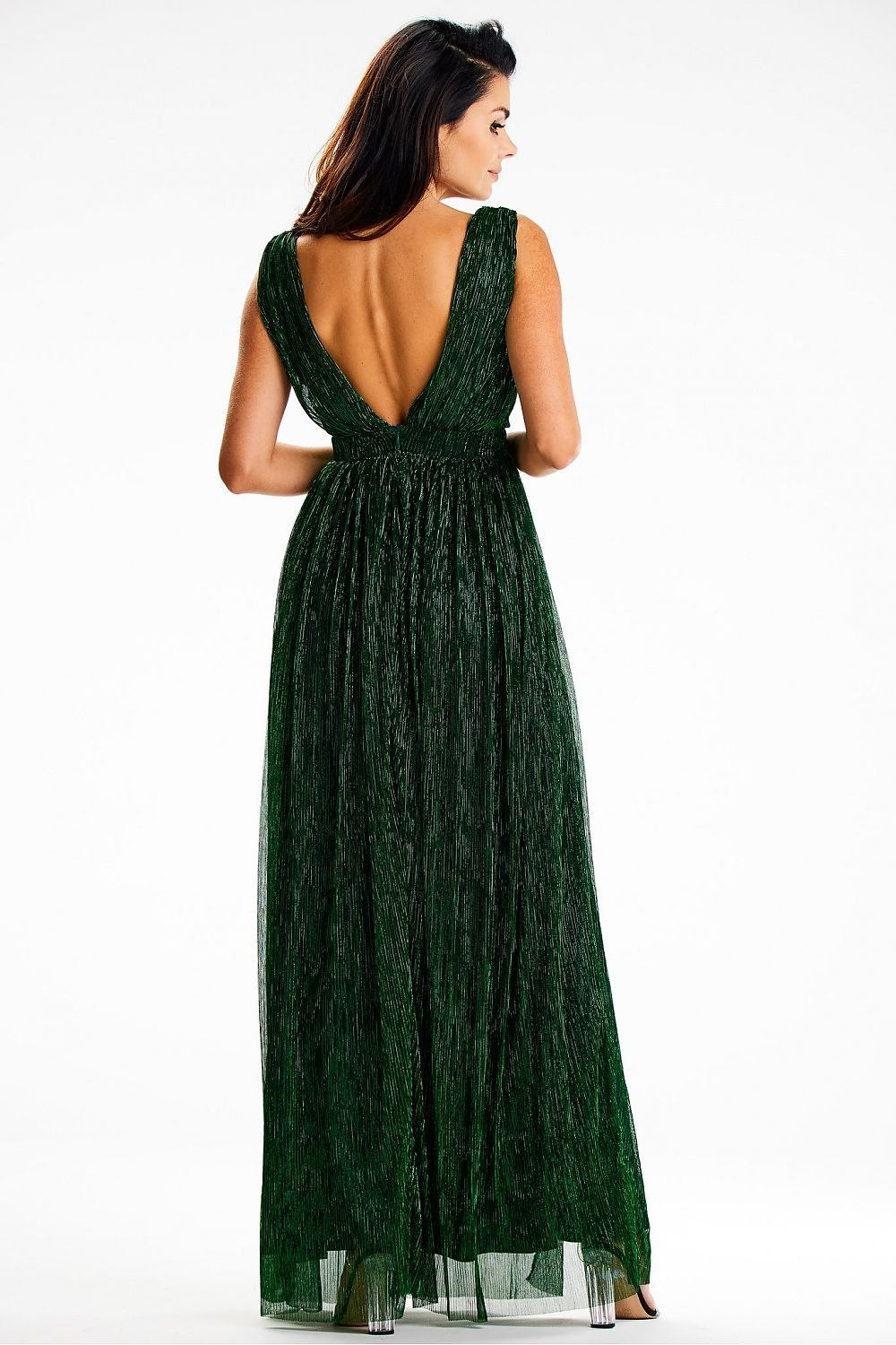 Long Maxi Gently Flared Shiny Mesh Satin Lining Green Evening Dresses