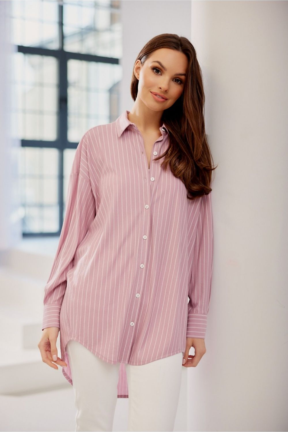 Spring And Summer Oxford Pink Striped Long Sleeve Shirt Loose Cut